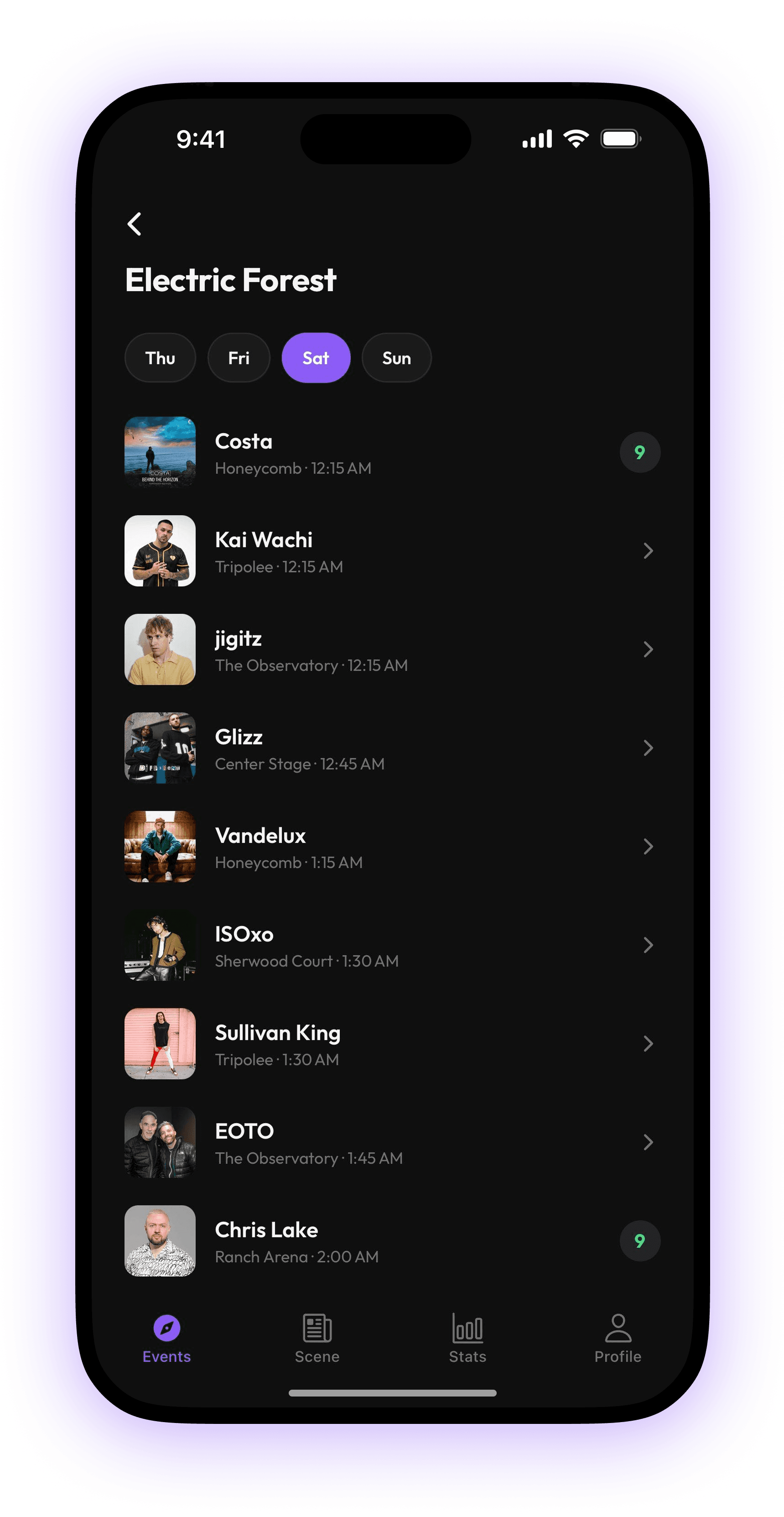 Lineup screen for Electric Forest, logging a set right from the lineup.