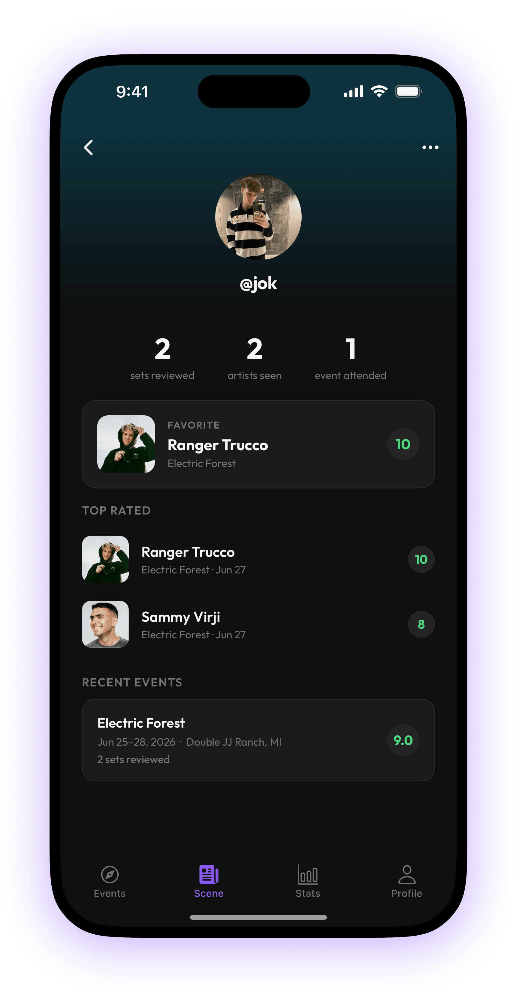 Profile screen with stats, favorite artists, and top-rated sets.