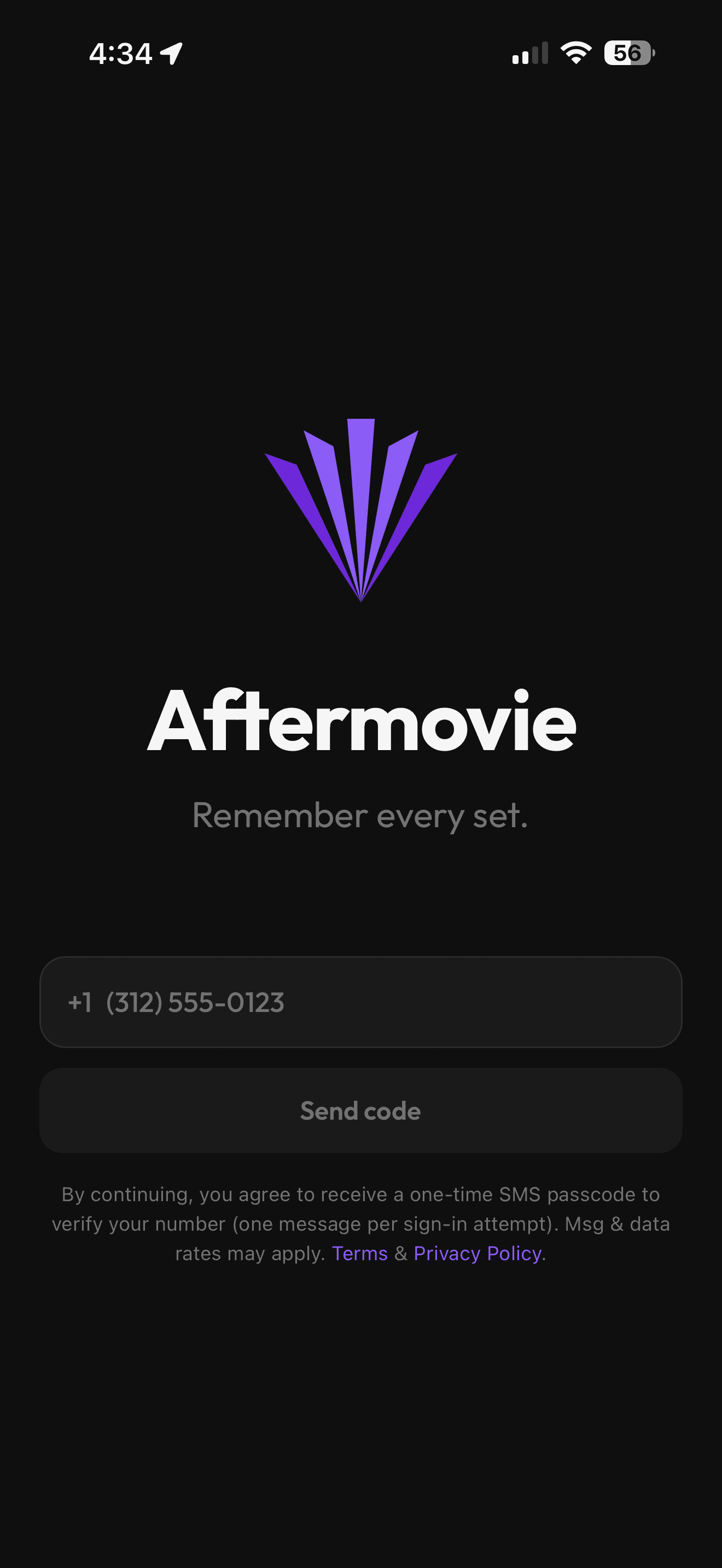 Aftermovie sign-in screen: a phone number field, a Send code button, and the SMS consent disclosure shown directly below it.