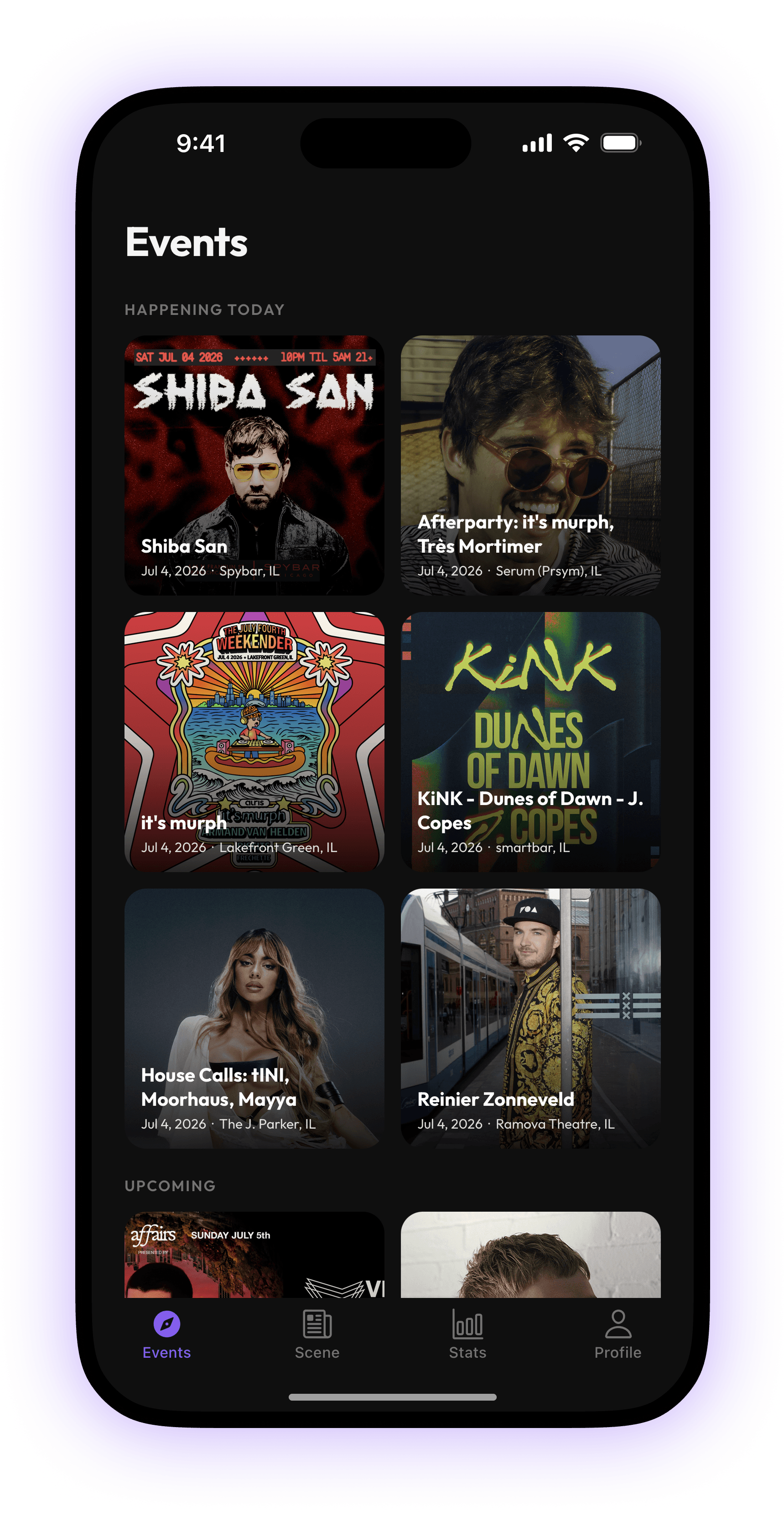 Aftermovie Events screen, listing upcoming and past festivals.